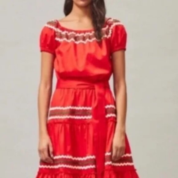 Tory Burch Embroidered Peasant Midi Dress Rickrack Trim Red Green White S, M$485 - Picture 6 of 9